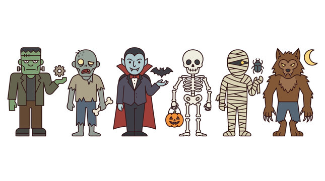 Halloween monster collection featuring classic spooky characters like vampire werewolf mummy skeleton zombie and creature