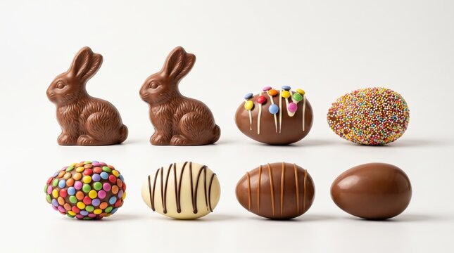 Two milk chocolate bunnies arranged with six decorated easter eggs featuring colorful candy sprinkles white chocolate drizzles and smooth surfaces on a plain white background