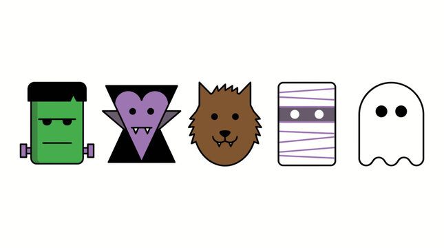 Classic Halloween Monster Icon Collection Featuring Frankenstein, Vampire, Werewolf, Mummy, and Ghost