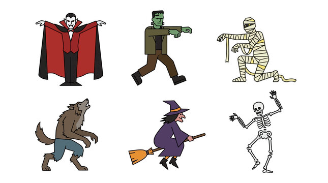 Playful cartoon collection of classic spooky characters including a vampire, werewolf, mummy, and witch, perfect for holiday celebrations and festive designs