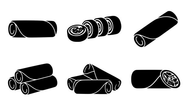 Rolled Food Icon Set Silhouette Featuring Wrap Sushi Roll and Burrito Shapes Simple Flat Design Black and White Vector