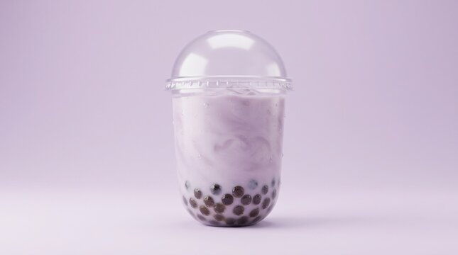 3D taro bubble tea icon with creamy lavender drink and tapioca pearls in a transparent cup, isolated on pastel purple for trendy beverage concepts