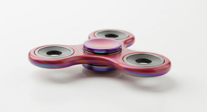 Fidget Spinner Toy: A metallic fidget spinner with three lobes, showcasing an iridescent color gradient, sits in perfect balance, ready for a satisfying spin.