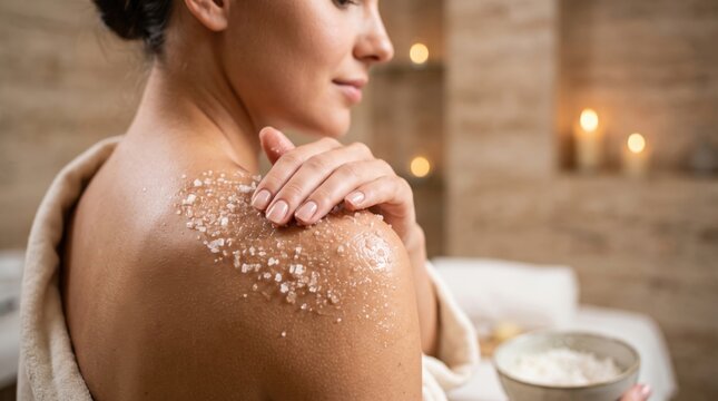 Woman wearing a beige bathrobe applying exfoliating salt body scrub to her shoulder in a dimly lit spa room with glowing candles in the blurred background