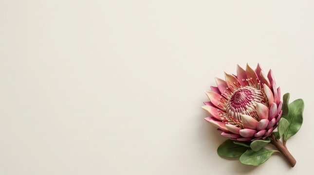 Pink protea flower on white backdrop.