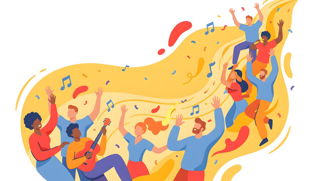 Colorful flat vector illustration of a diverse group of happy people dancing and playing music on a vibrant flowing wave.