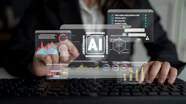Business professional interacting with innovative artificial intelligence data analysis interface for insights and visualization in the workplace Quark.