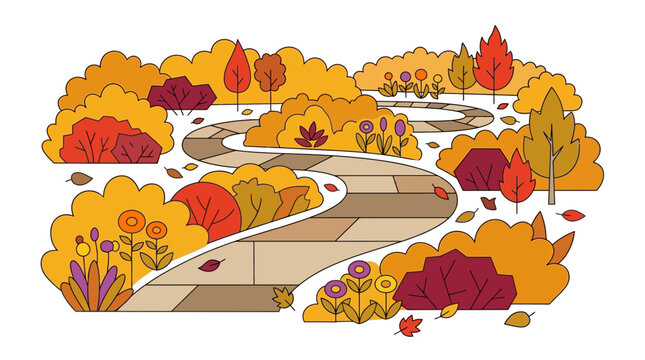 Autumn botanical garden path with decorative flowers and vibrant foliage