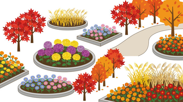 Autumn Botanical Garden Landscape Design Featuring Vibrant Fall Foliage Flowers and Paved Pathways for Seasonal Park Decoration