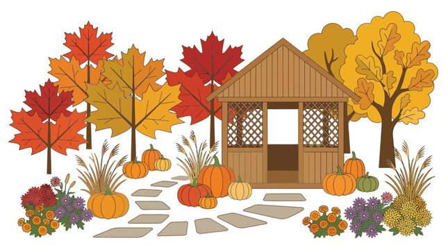 Autumn botanical garden with a wooden gazebo, colorful maple trees, pumpkins, and a stone path vector illustration