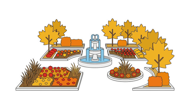 Autumn botanical garden illustration featuring a central fountain, trees with vibrant fall foliage, and colorful flower beds, depicting a serene park landscape