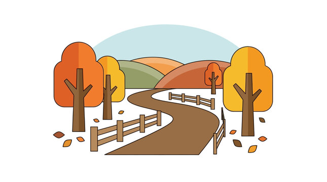 Autumn road curving between vibrant red maple trees and rolling hills, a charming rural landscape illustration