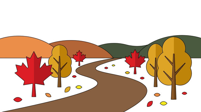 Autumn landscape featuring a winding forest road surrounded by colorful trees and red maple leaves in flat style
