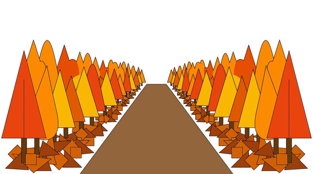 Minimalist vector landscape featuring a brown road vanishing between rows of vibrant autumn trees with orange and yellow foliage