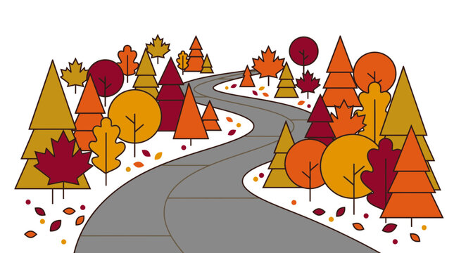 Winding road through a vibrant autumn botanical garden landscape featuring colorful red and yellow fall forest trees