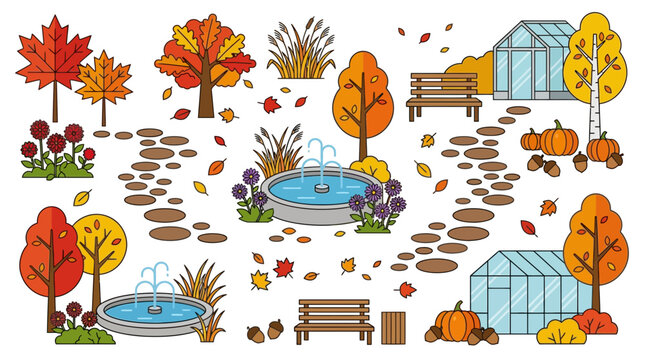 Autumn botanical garden collection featuring fountains, benches, greenhouses, and falling leaves, evoking a serene fall atmosphere