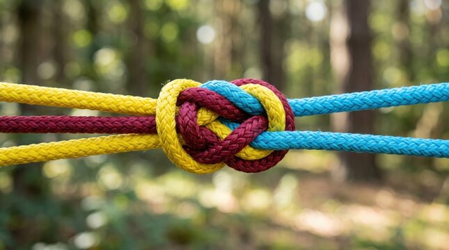 Yellow maroon and blue braided ropes tied together in a complex knot centered against a blurred forest background with natural lighting