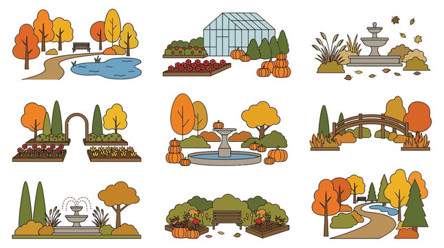 Autumn Botanical Garden and Public Park Landscape Elements Vector Collection