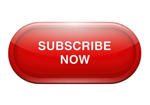 Glossy red subscribe now button isolated on transparent background for digital marketing and YouTube channels