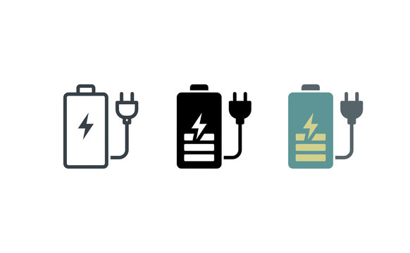 Battery charging icons set with plug and lightning vector illustration