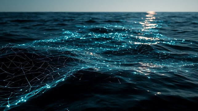 Calm deep ocean with luminous digital grid beneath the water surface, glowing cyan network nodes connecting across waves, AI data infrastructure, futuristic connectivity concept,