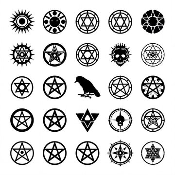 Mystical occult symbols and geometric pentagram icon set for esoteric design
