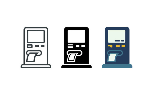 ATM machine vector icon set in outline, glyph and flat design styles