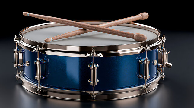 Blue metallic snare drum with crossed wooden drumsticks on dark background