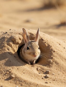 Small desert rodent with large ears peeks from sandy burrow. Cute animal with whiskers watches from hole. Tiny creature waits in arid habitat during daytime.