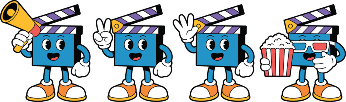 Cute Cartoon Movie Clapperboard Character Illustration Set with Popcorn, Megaphone and Film Making Activities for Cinema and Entertainment Designs