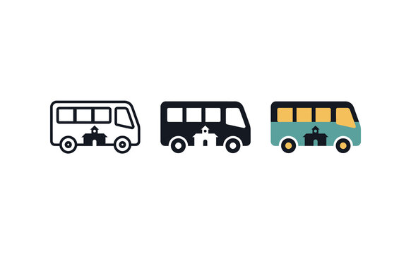 School bus vector icons set showing outline silhouette and colored style