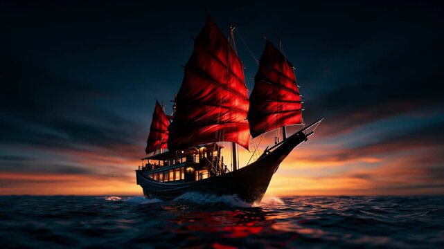 Traditional Chinese junk ship with red sails glides across ocean at sunset