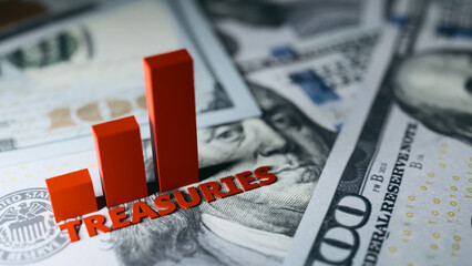 Obraz premium Rising US Treasury Bond Market Over Dollar Banknotes