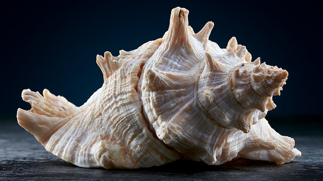 Large natural seashell with intricate spiral ridges rests on a dark surface