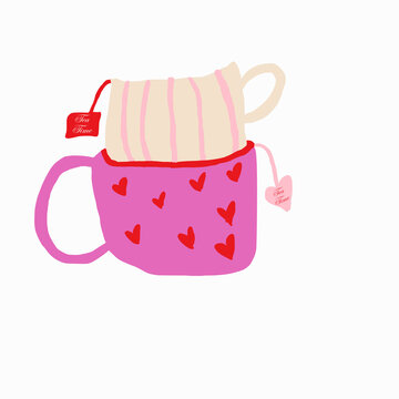 A cute hand-drawn illustration of two stacked ceramic mugs, featuring a pink mug decorated with red hearts underneath a striped pastel cup with tea bag tags.