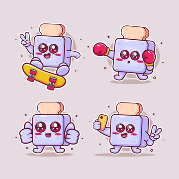 cute bread toaster mascot illustration set featuring various poses