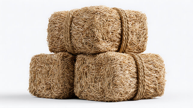 Three stacked hay bales tied with twine against a white background