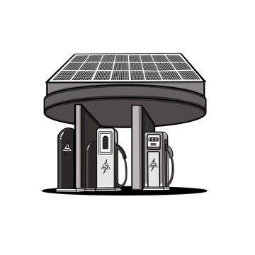 Solar powered electric car charging station. Modern design with sleek panels and charging units. No people, no animals, no plants in the image. Ideal for eco-friendly or sustainable energy concepts.