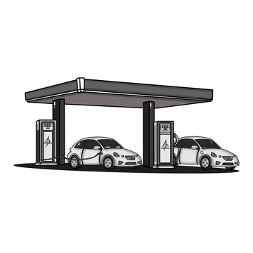 Electric cars charge under a modern station. Silent, clean energy powers tomorrow's vehicles. White vehicles plug into charging units neatly., sustainable transport, renewable energy, green technology