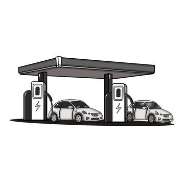 Electric cars charge under modern station canopy. Cars plug into charging units with lightning symbols. Clean energy future depicted in minimalist line art. Ideal for sustainability, eco transport.