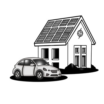 House with solar panels power on roof  a modern home and small electric car parked beside the house. Minimalist style highlights eco friendly living. Ideal for sustainability or green energy concepts.