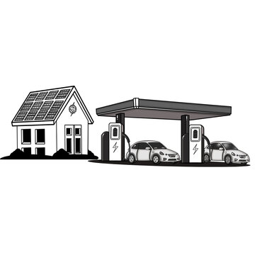 Solar panels power a home beside charging stations. Cars plug in, symbolizing clean energy adoption. Modern lifestyle merges sustainability and convenience. Perfect for eco friendly, green technology.