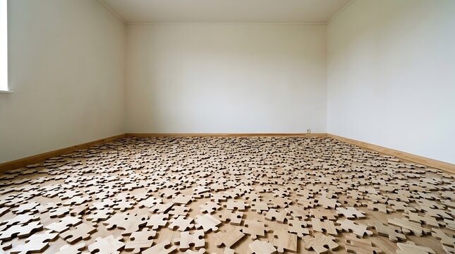 Empty square room with Wooden jigsaw puzzle pieces
