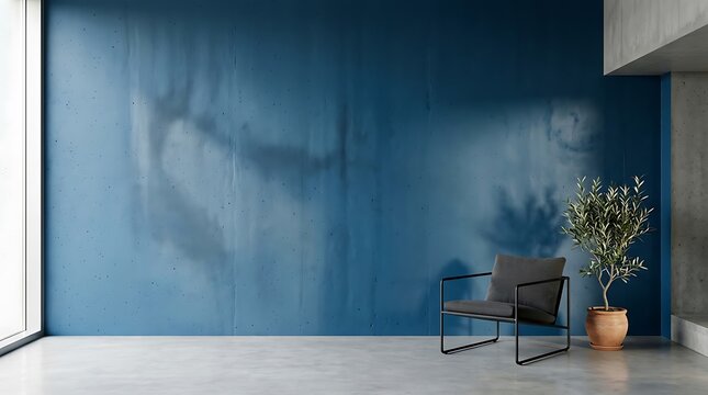 Modern blue wall concrete studio background with soft grey shadows and elegant light