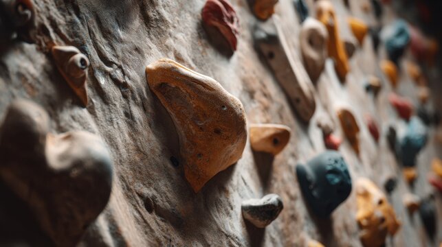 A close-up view of an indoor climbing wall with colorful holds.