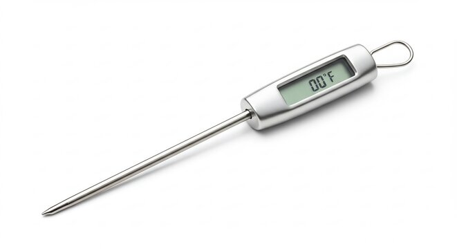 Digital Food Thermometer: A sleek digital food thermometer with a stainless steel probe and LCD screen displaying 00 F, perfect for precise temperature measurements in the kitchen.