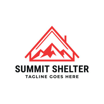 Mountain summit peak with house roof shape for real estate shelter property architecture home accommodation logo design