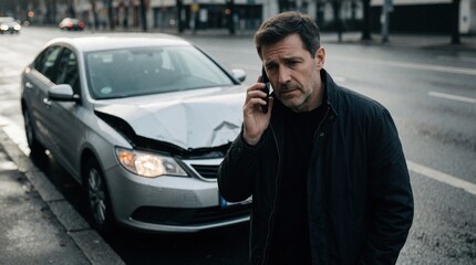 Obraz premium Man upset talks on mobile phone near damaged car after traffic collision on wet city street. Driver needs auto assistance for insurance claim and car repair.
