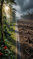 Plakat Road divides lush forest from cleared land with tree stumps. Sunlight contrasts with dark clouds, symbolizing nature loss and deforestation impacts. Human path leads to destruction. Change is coming.