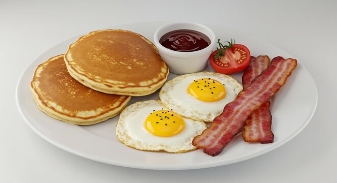 Delicious Breakfast Platter: A classic breakfast spread featuring fluffy pancakes, perfectly fried eggs, crispy bacon strips, and a side of berry jam, served on a white plate.